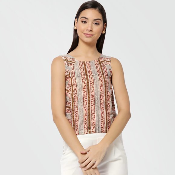 fabindia Tops - Fabindia Beige & Rust Brown Handblock Printed Pure Cotton Cropped Sleeveless Top